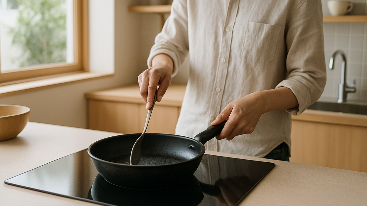 フラットな天板のIHコンロでフライパンを使う様子