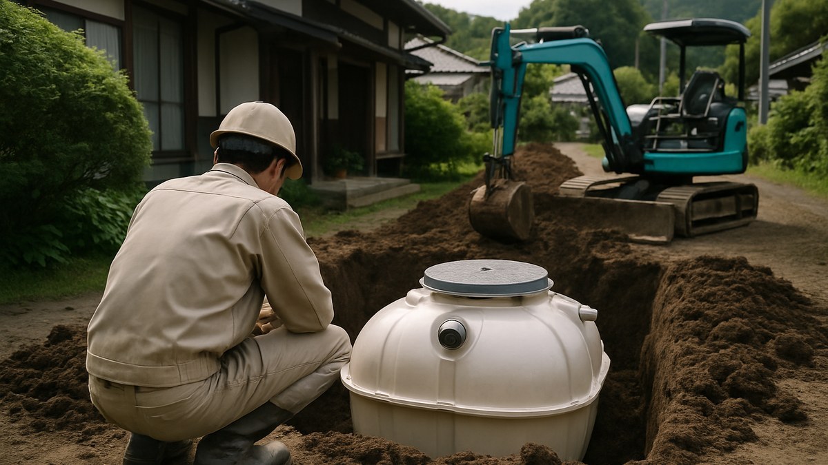 浄化槽の新設・切り替え工事の現場を確認する様子