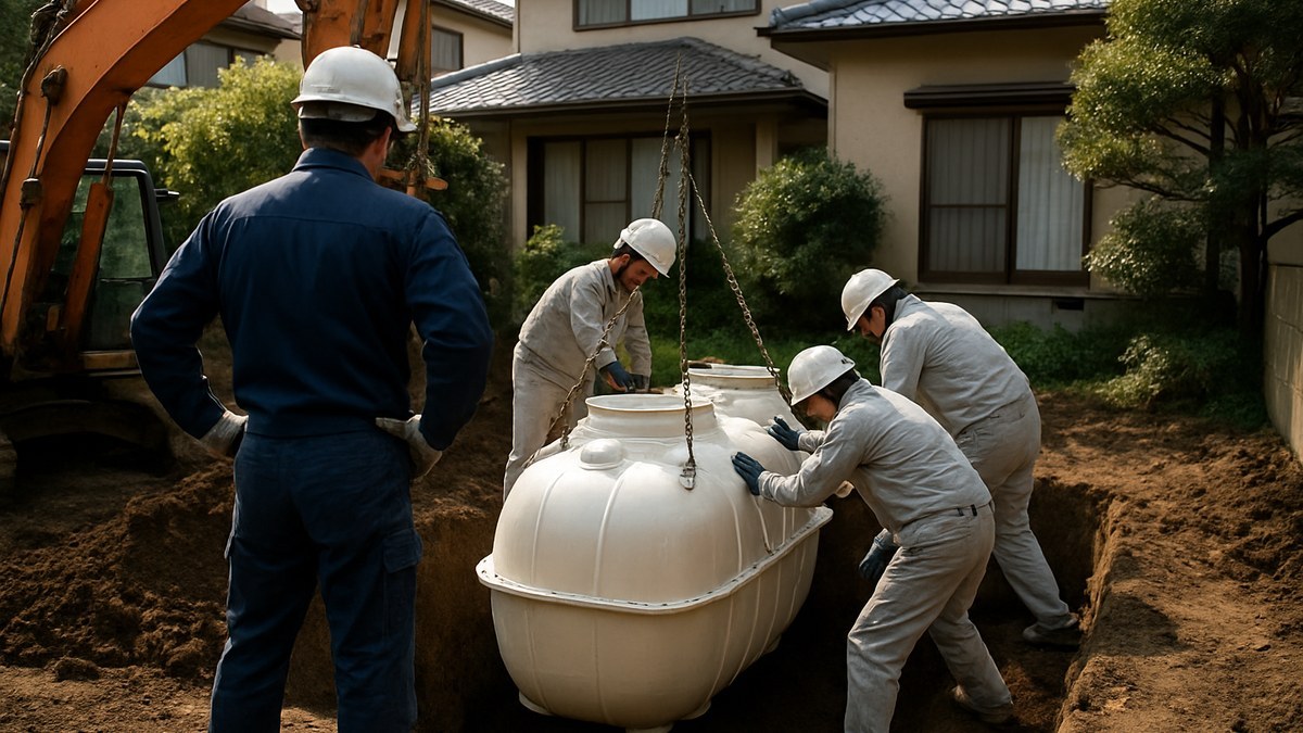 浄化槽の据付工事の様子
